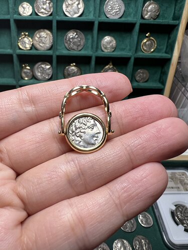 18K金古币戒指吊坠双戴款古希腊卷毛阿波罗银币吊坠古币戒指