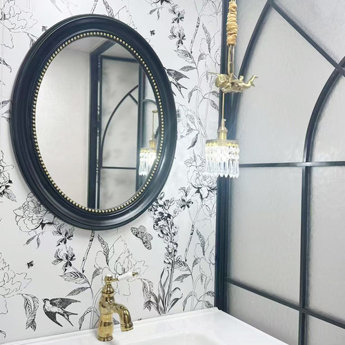 复古法式椭圆形黑色中古风浴室镜子壁挂镜装饰镜框卫生间浴镜智能
