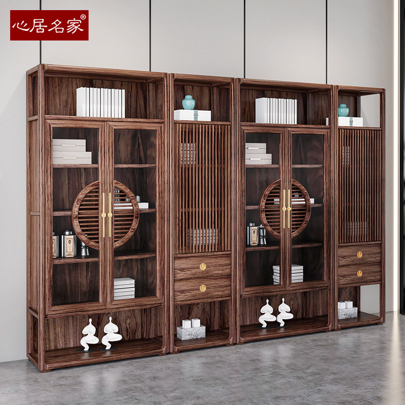 心居名家新中式实木书柜两单门乌金木书房家具展示储物柜办公室