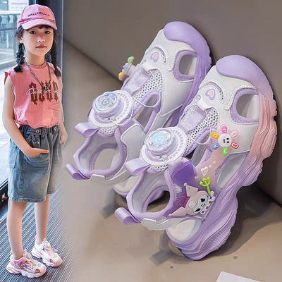 夏季新款旋转纽扣女童包头凉鞋