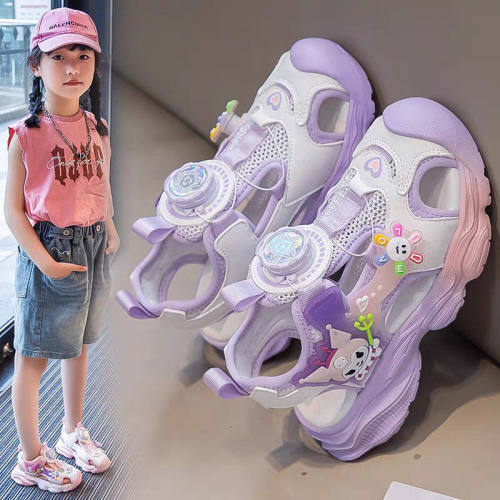 夏季新款旋转纽扣女童包头凉鞋