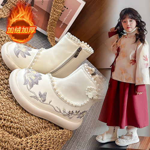 冬季新款加绒加厚保暖女童汉服鞋