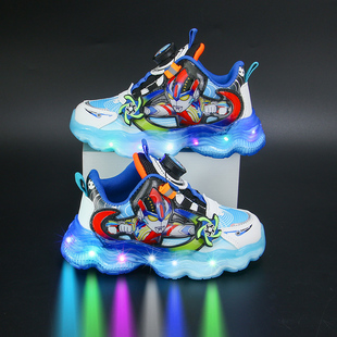 男童运动鞋2025春季新款儿童奥特曼发光鞋旋转纽扣亮灯男孩宝宝鞋