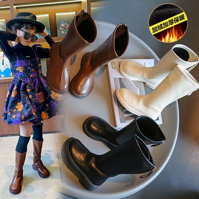 秋冬新款加绒保暖女童长筒高筒靴