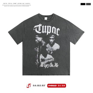 嘻哈美式hippop说唱oversize水洗做旧复古短袖T恤男女潮牌宽松