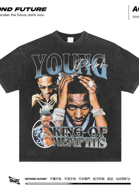 Young Dolph美式重磅嘻哈做旧复古宽松oversize男女中性短袖T恤