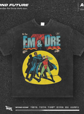 dre&Eminem嘻哈说唱中性美式复古街头水洗做旧宽松短袖T恤Vintage