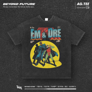 dre&Eminem嘻哈说唱中性美式 T恤Vintage 复古街头水洗做旧宽松短袖