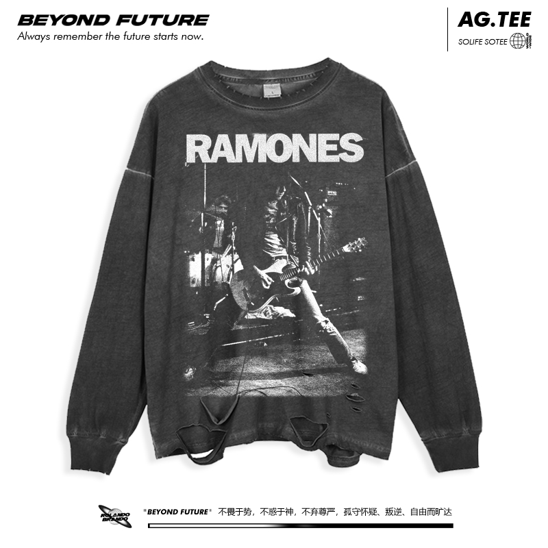 长袖oversize水洗做旧破洞中性