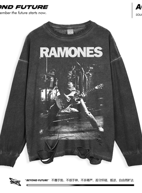 雷蒙斯ramones美式摇滚宽休闲打底男女中性破洞长袖oversize上衣