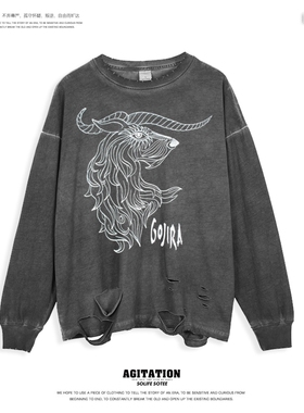 前卫摇滚长袖破洞T恤欧美高街打底宽松休闲上衣新款ins印花gojira