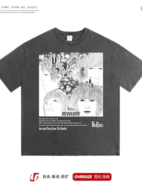 欧美式水洗复古深灰色做旧短袖T恤男女新款打底上衣披头士beatles