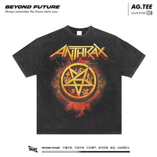 anthrax摇滚水洗做旧复古宽松中性短袖T恤男女上衣oversize潮牌