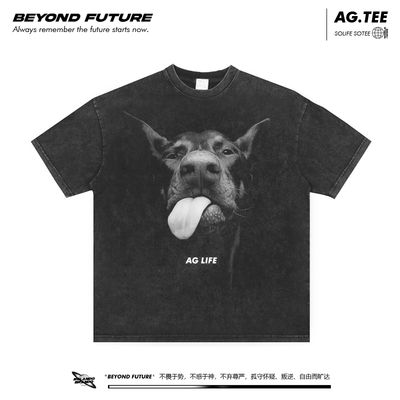 美式宠物狗杜宾图案印花水洗做旧深灰宽松中性男女短袖体恤上衣