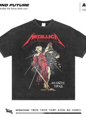 metallica重磅水洗做旧复古宽松中性男女短袖T恤oversize深灰上衣