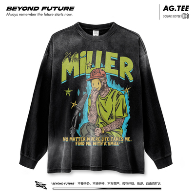 macmiller嘻哈说唱rap秋冬水洗打底中性复古长袖男女oversize上衣