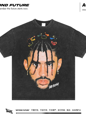 BADBUNNY美式重磅水洗做旧复古宽松男女短袖T恤潮牌上衣新款打底