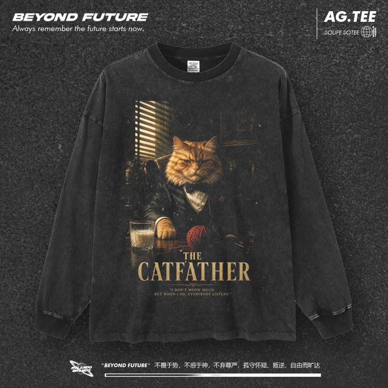 教父猫王-水洗做旧oversize中性长袖上衣秋冬内搭宽松大码