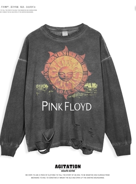 美式高街复古长袖男女秋冬做旧深灰上衣PinkFloyd平克弗洛伊德