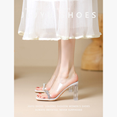 女夏季 女鞋 法式 透明高跟凉鞋 水晶粗跟小众高级感水钻凉拖鞋 女外穿