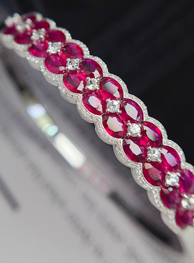 宝创集18k金约6.68克拉天然红宝石椭圆形双排手镯轻奢款真金礼物