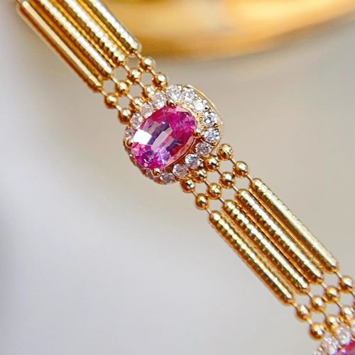 宝创集18k金天然彩色蓝宝石粉蓝宝钻石4层简珠手链简约精致时尚感