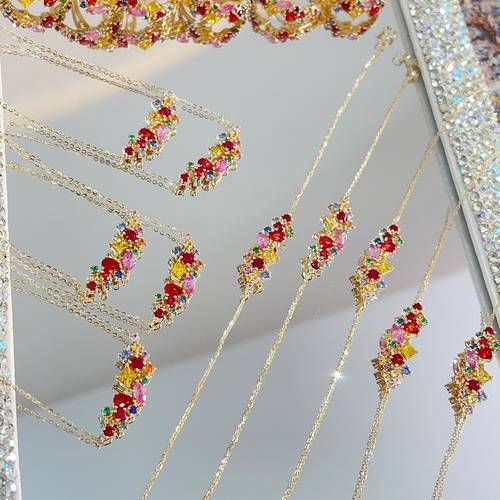 宝创集18K金镶嵌约1克拉天然彩色宝石满天星套装项链手链缤纷彩虹