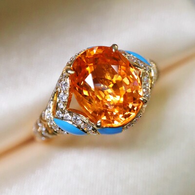 宝创集18K黄金镶嵌约4.06克拉天然芬达石蓝色珐琅戒指高级精致感