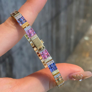 宝创集18k金约10.05克拉天然彩蓝宝手链拉丝工艺真金真钻轻奢礼物