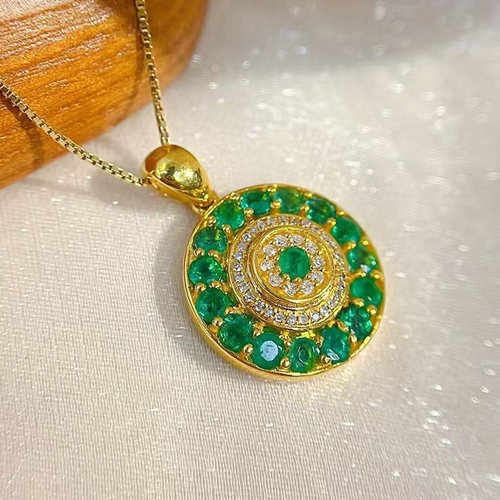 宝创集18K黄金约1.1克拉天然祖母绿吊坠满圈圆环圆盘真金真钻