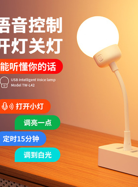 USB插电小夜灯人工智能语音控制灯卧室床头睡眠LED口令声控感应灯