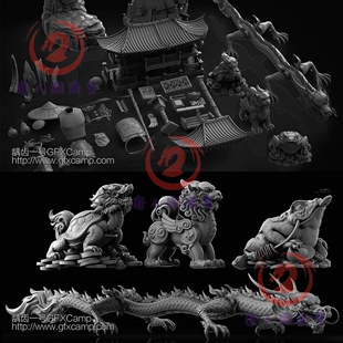 中国古代建筑人物服饰龙狮蛤蟆游戏3D模型(OBJ/ZBP/ZTL格式)A35