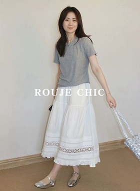法国Rouje Chic法式气质白色蕾丝拼接半身裙女高腰a字中长款伞裙
