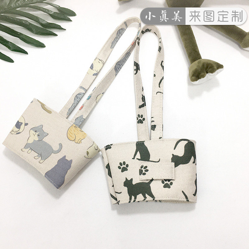 日式猫咪剪影  手绘奶茶杯套 手摇饮料手提帆布袋 环保小清新定制