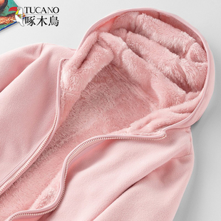 啄木鸟双面穿摇粒绒抓绒衣男女冬加绒加厚珊瑚绒连帽开衫 卫衣外套