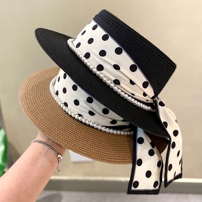 夏季遮阳草编平顶草帽女波点丝带海边防晒太阳帽法式礼帽沙滩度假