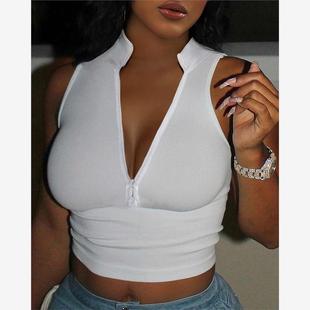 zippered 拉链无袖 sleeveless 2023欧美修身 背心 vest Women