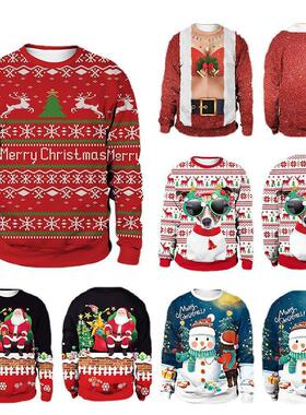 2024 printed round neck Christmas deer couple hoodie