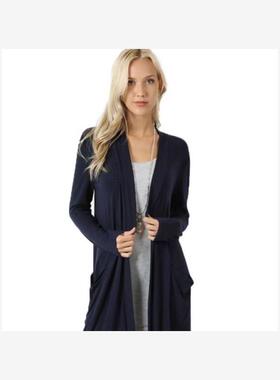 欧洲站复古风春秋新款灰色简约宽松休闲口袋中长款长袖外套开衫女