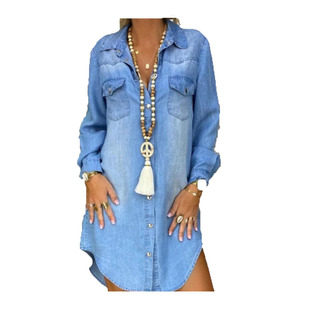 夏季新款POLO领单排扣蓝色宽松休闲长袖牛仔衬衫连衣裙短款DRESS