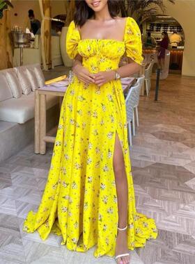 Women sexy Floral Dress 欧美女装黄色碎花开叉长裙