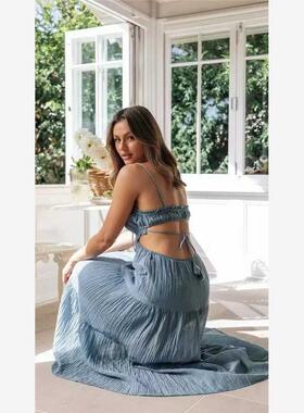 Strap sexy hollow out long dress with backless dress 沙滩裙