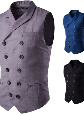 外贸EBAY爆款秋冬装 绅士双排扣西装领坎肩 男士时尚韩版灰色马甲