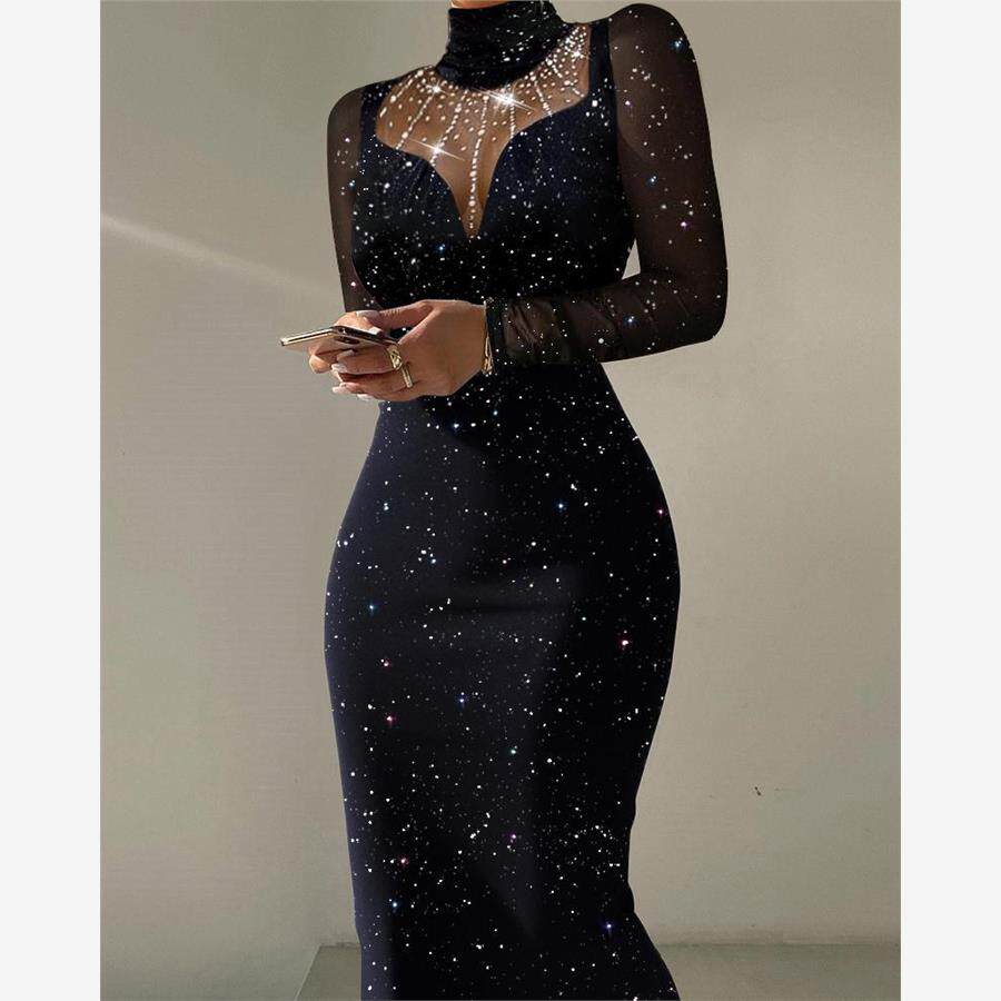 时尚气质网纱拼接烫钻连衣裙Mesh splicing hot drilling dress