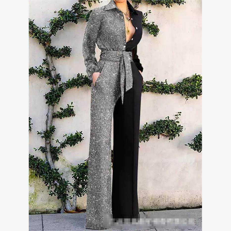 Printed splicing jumpsuit欧美女装性感V领显瘦印花拼接连体裤