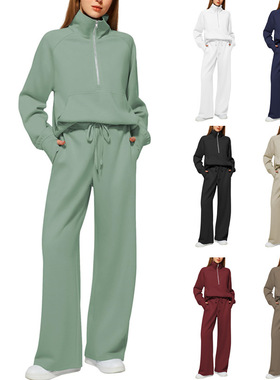 欧美女式两件套超大半拉链运动衫阔腿运动裤休闲套装女