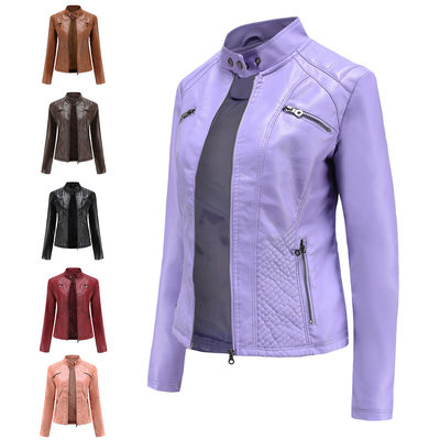 women's casual leather jacket with standing collar女皮夹克