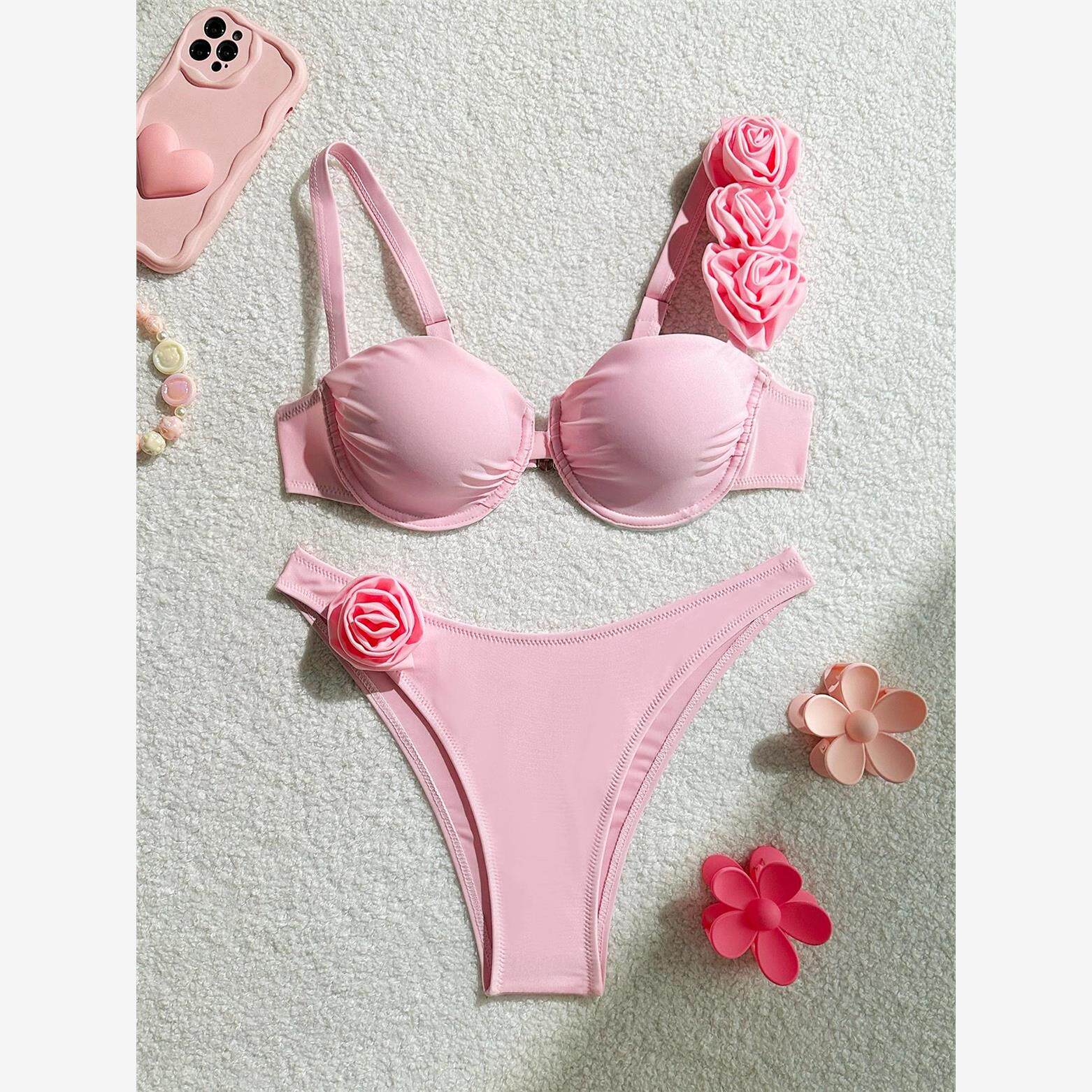 立体花朵钢托聚拢比基尼