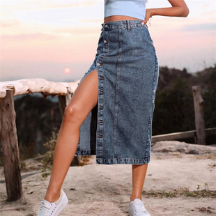 midi 開叉牛仔高腰半身長裙 修身 skirt jeans denim slit 歐美時尚