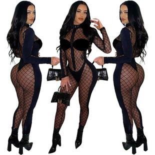 Sexy mesh see-through stitching black jumpsuit club dress